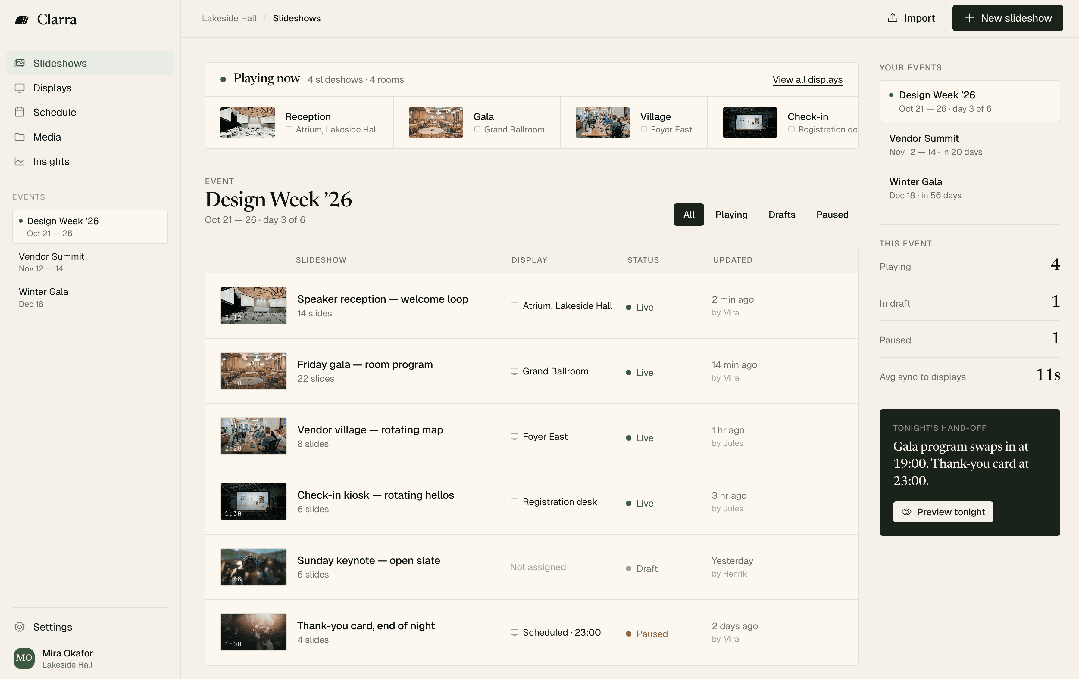 Clarra dashboard — Slideshows view for Design Week '26